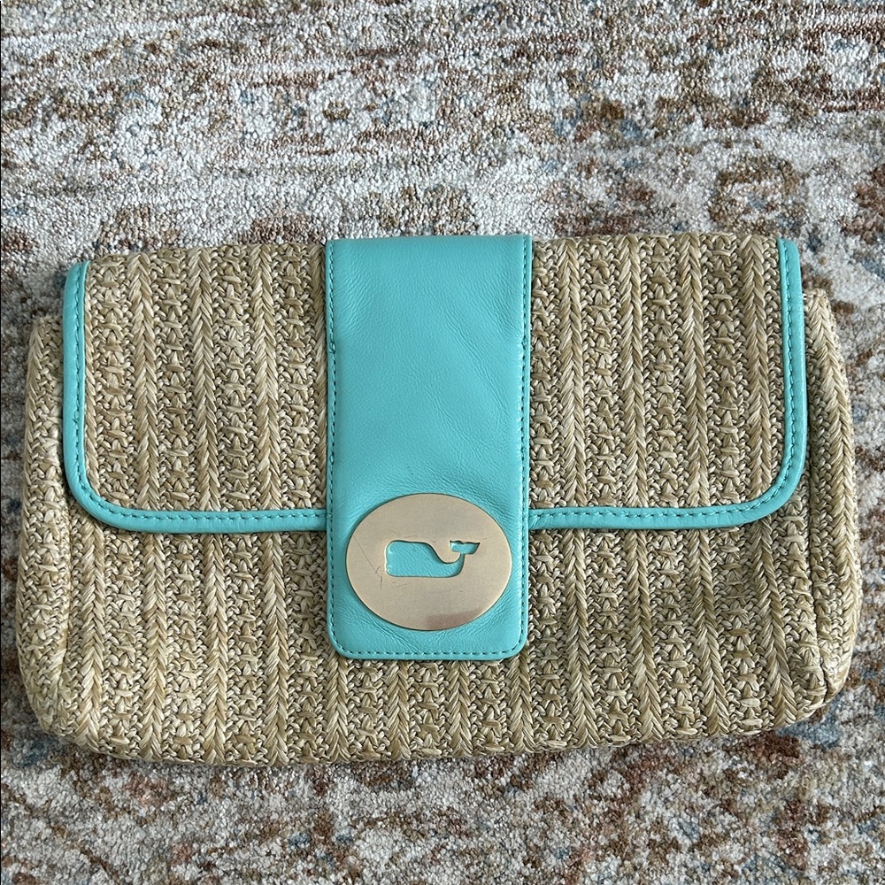 Vineyard Vines Woven Tan and Aqua Straw Clutch